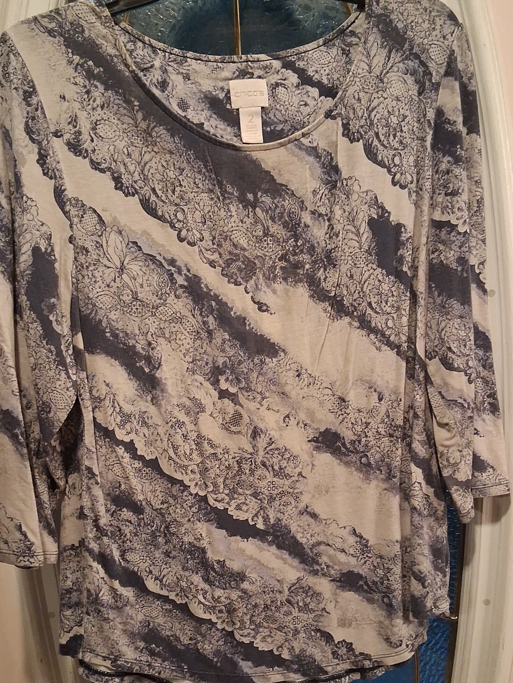 Chico's Gray and Off-White Lace-Print Long Sleeve Tee